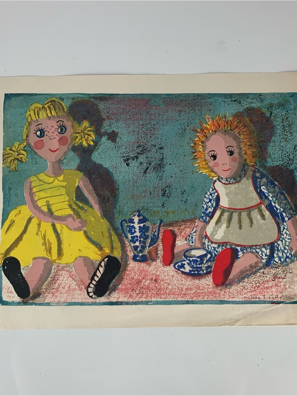 Vintage 60s MCM Pop Art Jean Curtis Ragged Anne Dolls Tea Print Serigraph Signed
